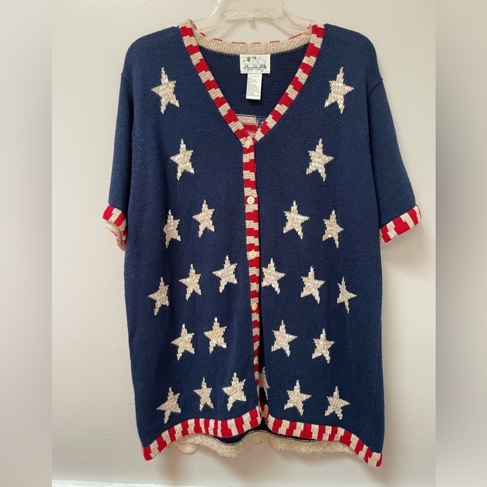 Vintage The Quaker Factory size L Red white and blue patriotic sweater